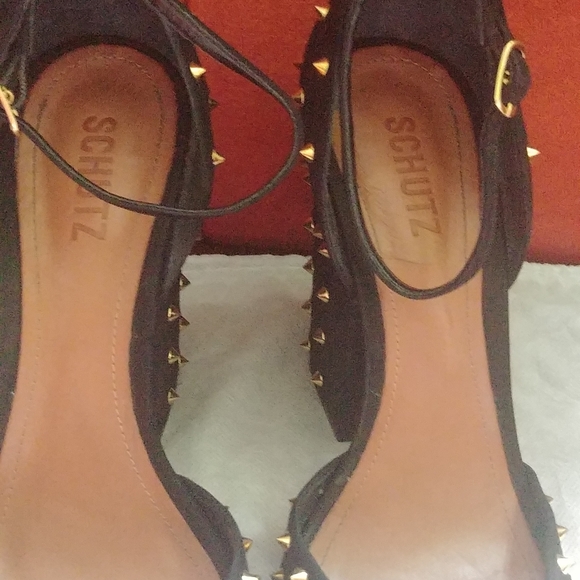 Schutz Black Gold Spike Studs Heels 10 - Picture 3 of 16